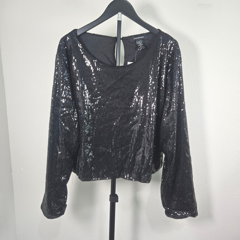 Ashley Stewart Black Sequin Top Womens 26 Plus Size Long Sleeve Party NWT